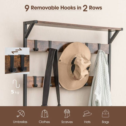 Freestanding Hall Tree with Shoe Bench, 9 Removable Hooks