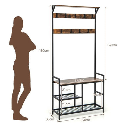 Freestanding Hall Tree with Shoe Bench, 9 Removable Hooks