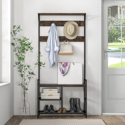 Freestanding Hall Tree with Shoe Bench, 9 Removable Hooks