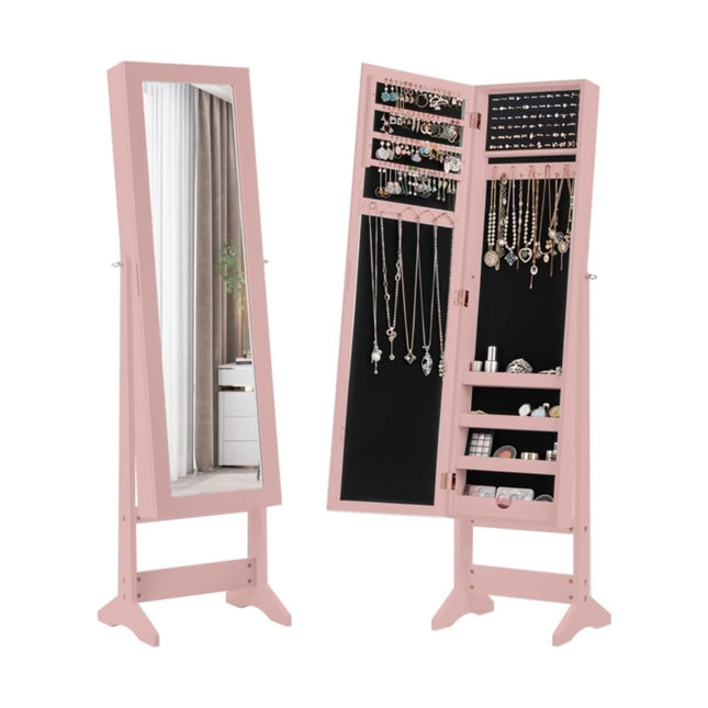 Freestanding Jewelry Cabinet With Mirror, 3-Angle, Pink