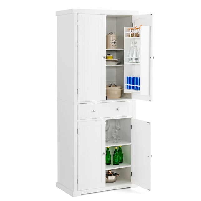 Freestanding Kitchen Pantry Cabinet, 72 Inch, 4 Door, Drawer