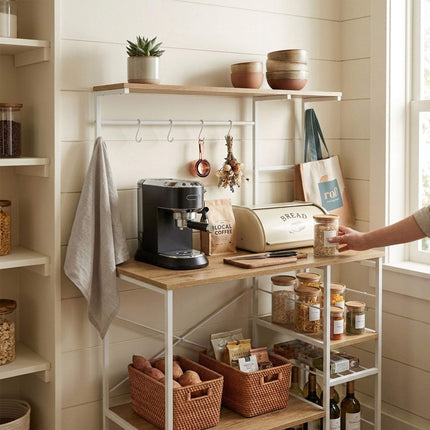 Freestanding Kitchen Rack, 7 Shelves, 8 Hooks, MDF/Metal