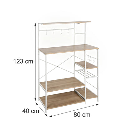 Freestanding Kitchen Rack, 7 Shelves, 8 Hooks, MDF/Metal