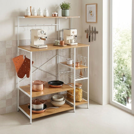 Freestanding Kitchen Rack, 7 Shelves, 8 Hooks, MDF/Metal