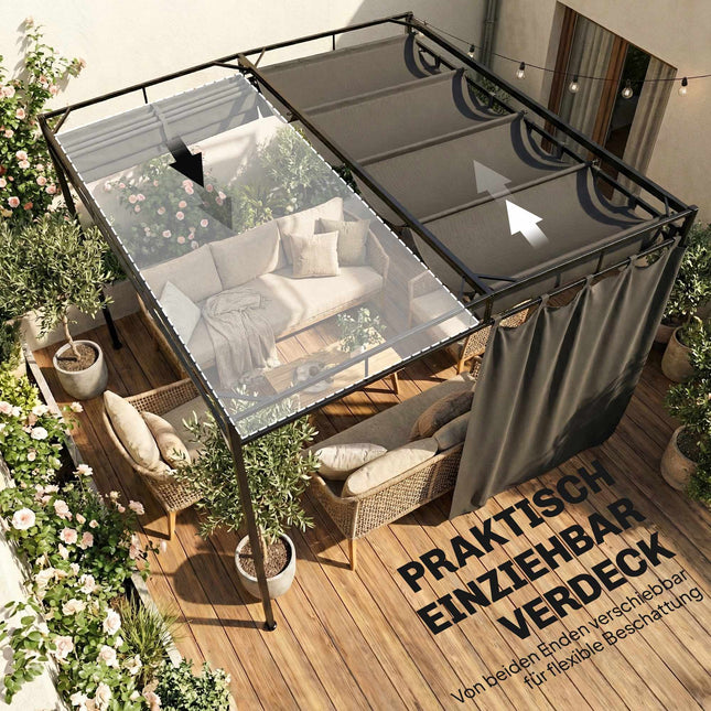 Freistehende Pergola 3x3m mit verstellbarem Dach und Vorhängen