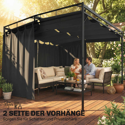 Freistehende Pergola 3x3m mit verstellbarem Dach und Vorhängen