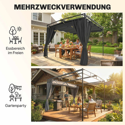 Freistehende Pergola 3x3m mit verstellbarem Dach und Vorhängen