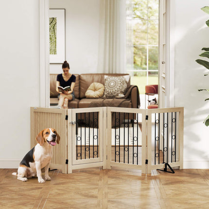 Freestanding Pet Gate with Door, 4 Panels, MDF & Steel