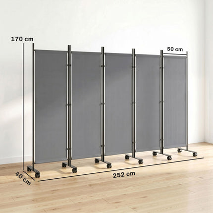 Freestanding Room Divider, 5 Panels, Dark Grey, 252 x 40 cm