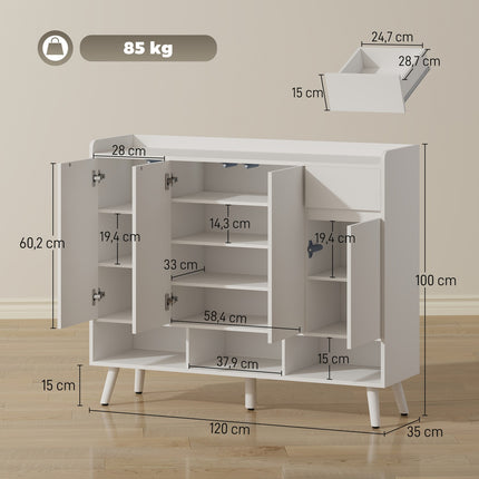 Freestanding Shoe Cabinet, Handleless, 4 Doors, Adjustable Shelves