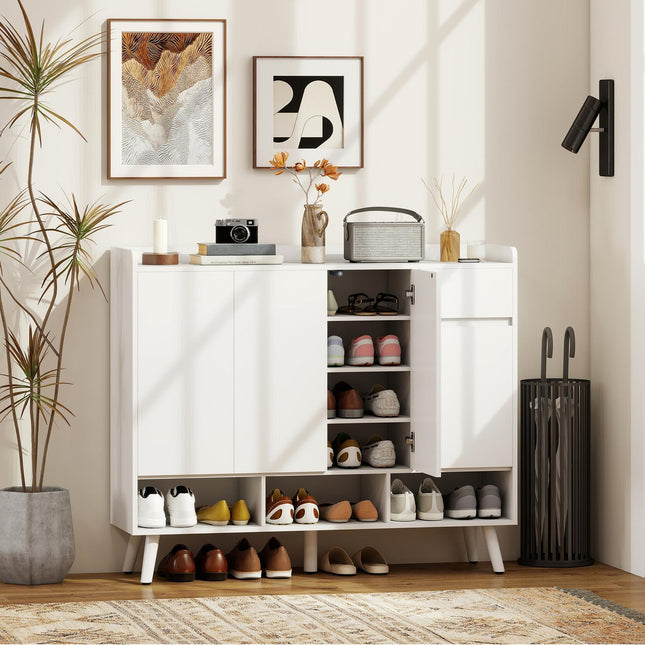 Freestanding Shoe Cabinet, Handleless, 4 Doors, Adjustable Shelves