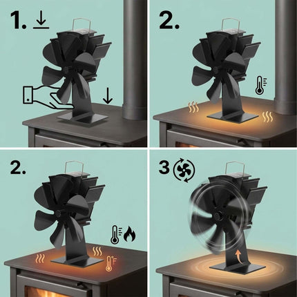 Freestanding Stove Fan with 6 Blades, No Electricity Needed, Black