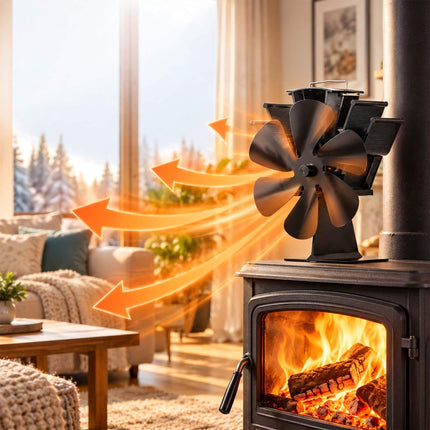 Freestanding Stove Fan with 6 Blades, No Electricity Needed, Black