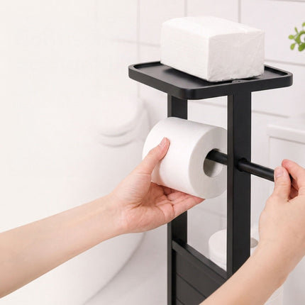 Freestanding Toilet Roll Holder with Shelf – Black