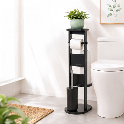 Freestanding Toilet Roll Holder with Shelf – Black