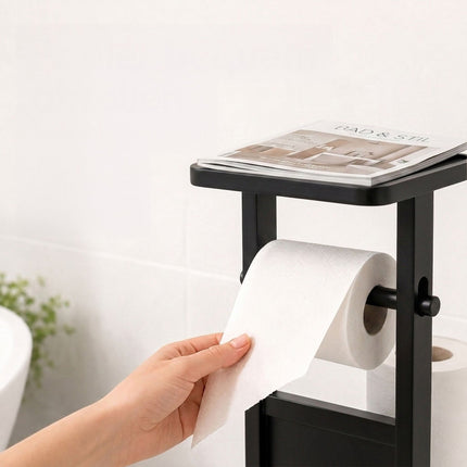 Freestanding Toilet Roll Holder with Shelf – Black