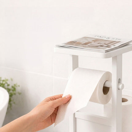 Freestanding Toilet Roll Holder with Shelf – White