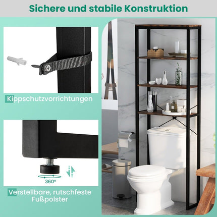 Étagère de toilette autoportante avec cadre en métal et étagère de salle de bain anti-basculement à 4 niveaux