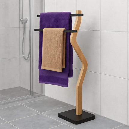 Freistehender Handtuchhalter, 2-armig, gebogener Holzrahmen