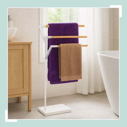 Freestanding Towel Rack, 3 Rods, Metal and Bamboo