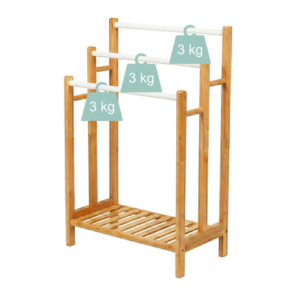Freistehender Handtuchhalter, Bambus und Stahl, 3 Stangen, Ablage