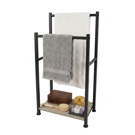 Freestanding Towel Rack with Shelf, Black-Grey, Steel & MDF