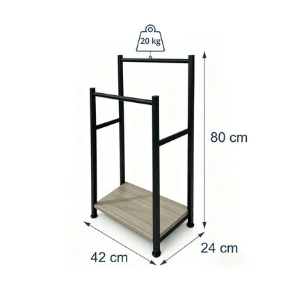 Freestanding Towel Rack with Shelf, Black-Grey, Steel & MDF