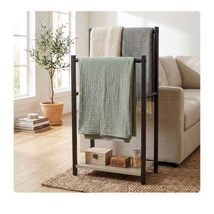 Freestanding Towel Rack with Shelf, Black-Grey, Steel & MDF