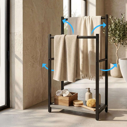 Freestanding Towel Rack with Shelf, Black-Grey, Steel & MDF