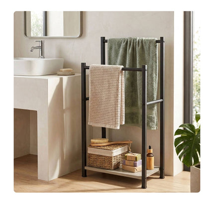 Freestanding Towel Rack with Shelf, Black-Grey, Steel & MDF