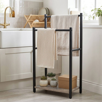 Freestanding Towel Rack with Shelf, Black-Grey, Steel & MDF