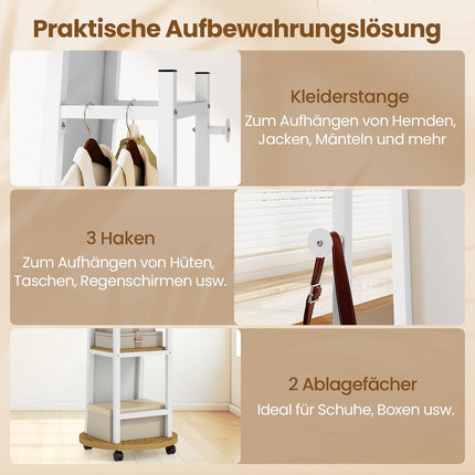 Freistehender Spiegelschrank mit Haken und Ablagen, Weiß