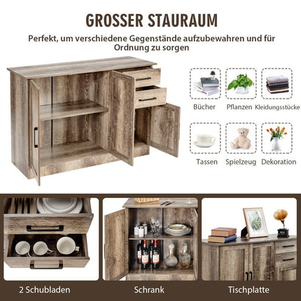 Freistehender Buffetschrank mit 2 Schubladen, 3 Türen und 1 verstellbarem Einlegeboden grau