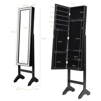 Freistehender Schmuckschrank mit Ganzkörperspiegel Schmuckablage 35,5 × 33 × 153 cm schwarz