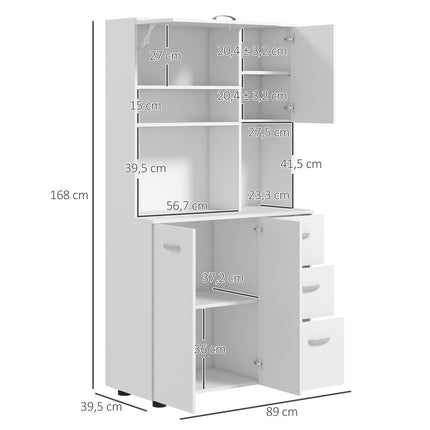 Meuble de cuisine indépendant, 89 x 39,5 x 168 cm, avec protection anti-basculement, tiroirs, étagères, portes, étagères réglables, MDF, blanc