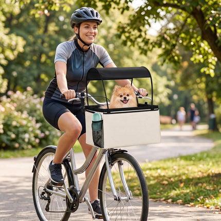 Front Dog Bike Basket with Sun Canopy, Up to 5 kg, Cream White, Shoulder Strap