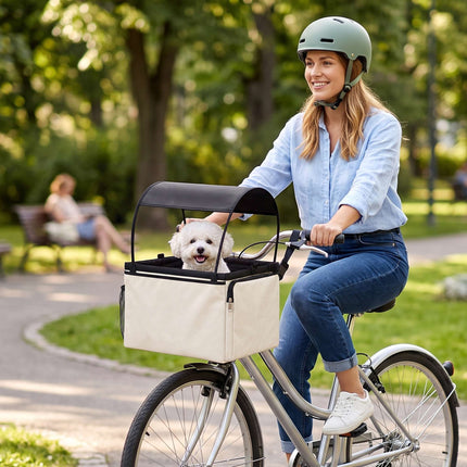 Front Dog Bike Basket with Sun Canopy, Up to 5 kg, Cream White, Shoulder Strap