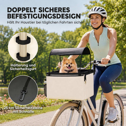 Front Dog Bike Basket with Sun Canopy, Up to 5 kg, Cream White, Shoulder Strap