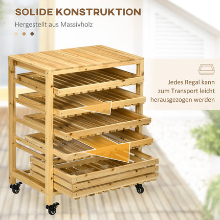 Fruit and vegetable storage trolley with wheels, 5 shelves, spruce wood