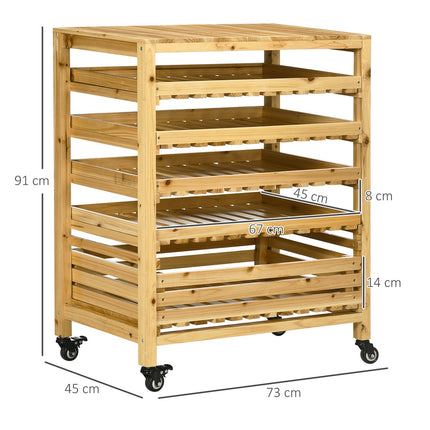 Fruit and vegetable storage trolley with wheels, 5 shelves, spruce wood