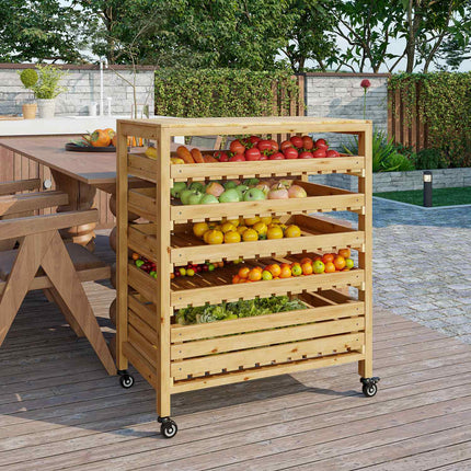 Fruit and vegetable storage trolley with wheels, 5 shelves, spruce wood