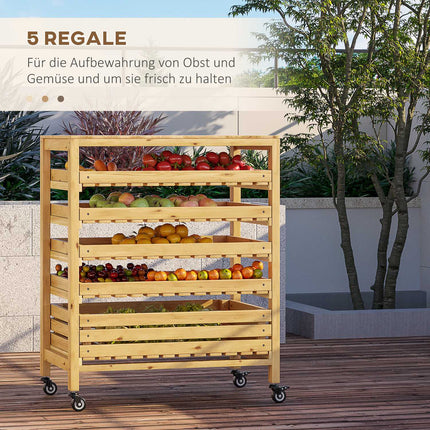 Fruit and vegetable storage trolley with wheels, 5 shelves, spruce wood
