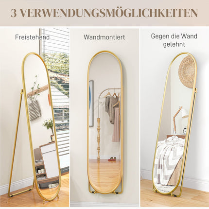 Ovaler Ganzkörperspiegel, 160x40cm goldener Metallrahmen mit Standfuß