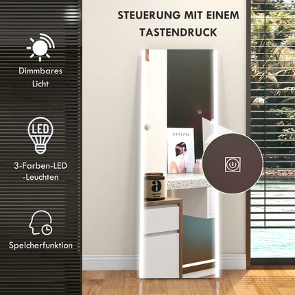Ganzkörperspiegel weiß mit LED-Beleuchtung und Touch-Schalter