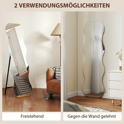 Ganzkörperspiegel, rahmenlos, Holzfuß, Wellenform, Schwarz