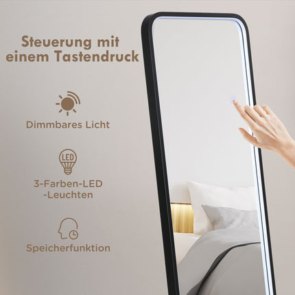 Miroir mural pleine longueur avec éclairage LED, miroir sur pied, intensité variable, interrupteur tactile, noir, 46 x 146 cm