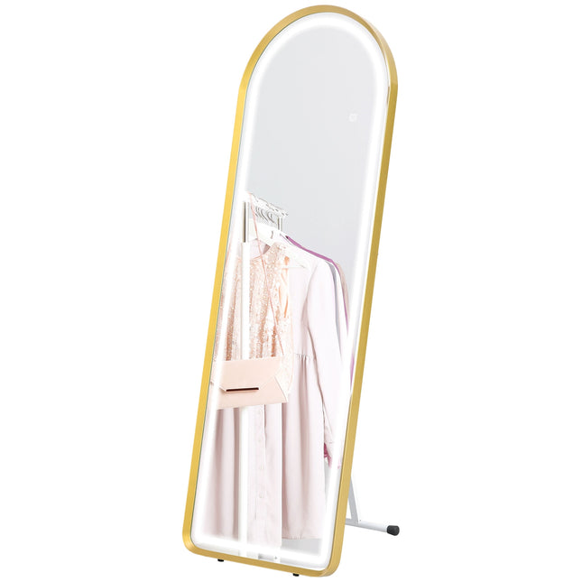 Miroir mural pleine longueur avec éclairage LED, miroir sur pied, à intensité variable, miroir de garde-robe avec interrupteur tactile, doré, 47 x 146 cm