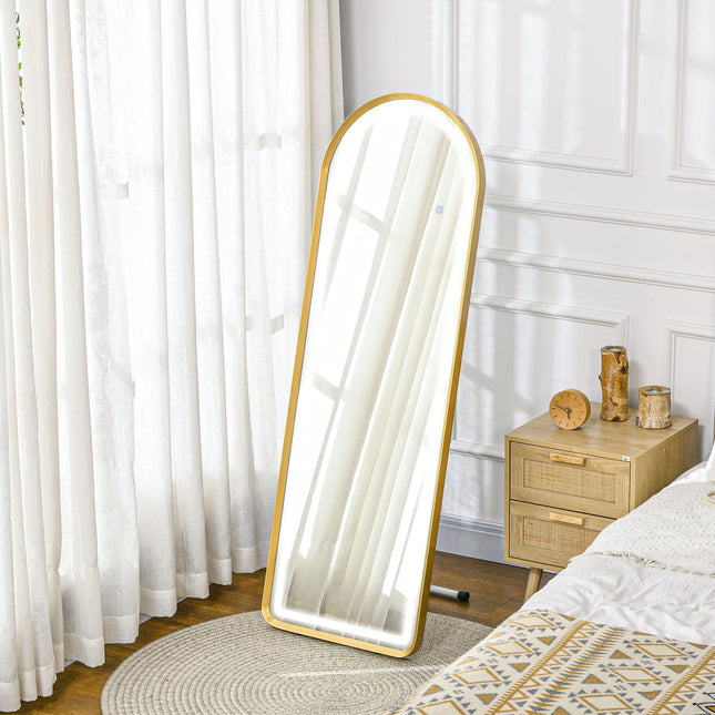 Miroir mural pleine longueur avec éclairage LED, miroir sur pied, à intensité variable, miroir de garde-robe avec interrupteur tactile, doré, 47 x 146 cm
