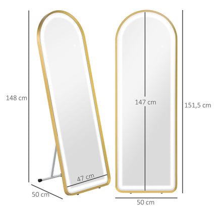LED-Ganzkörperspiegel, dimmbarer Garderobenspiegel, Berührungsschalter, Gold