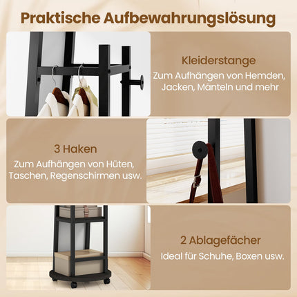 Ganzkörperspiegel mit Haken, Regalen und Rollen, Schwarz